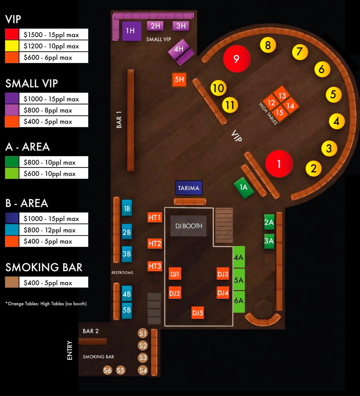 Plano de zonas y mesas de TuCandela Brickell